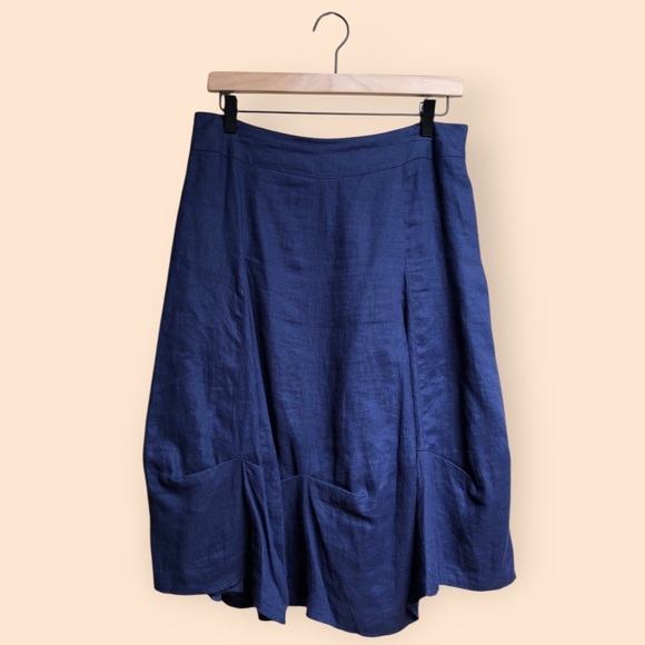 Alberto Makali Designer Linen Skirt Navy Blue Gathered MIDI NY Paris Women’s 6 - Picture 1 of 11